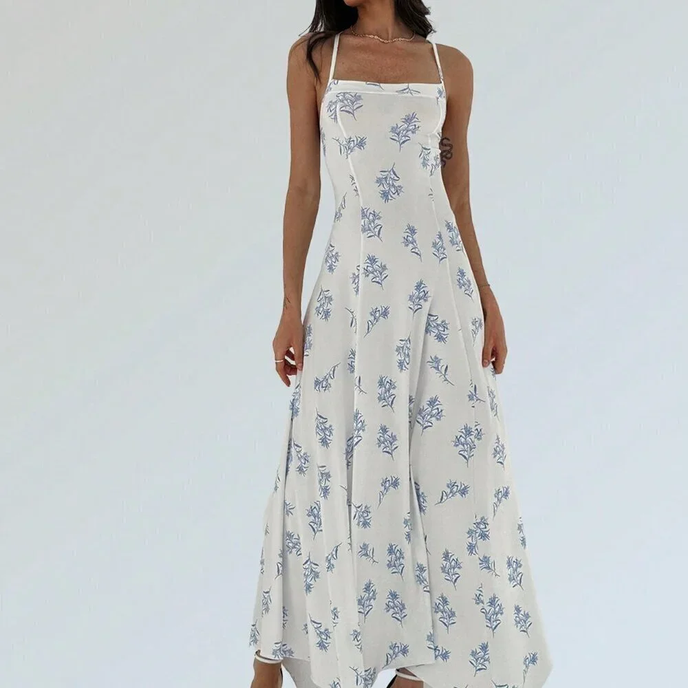 Multicolor Boho Women's Asymmetrical Hem Printed Spaghetti-Strap Dress - Picture 4 of 6